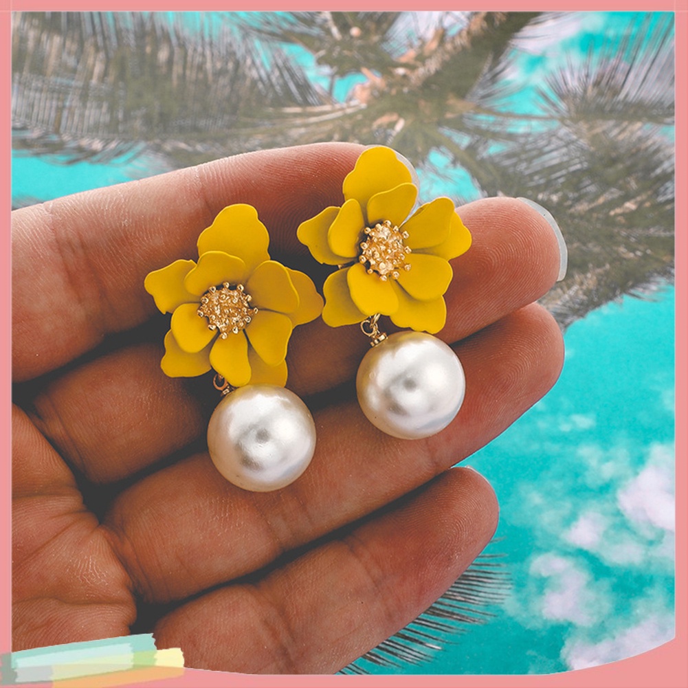 Bông tai xỏ lỗ mặt hình hoa đính ngọc trai nhân tạo cho nữ