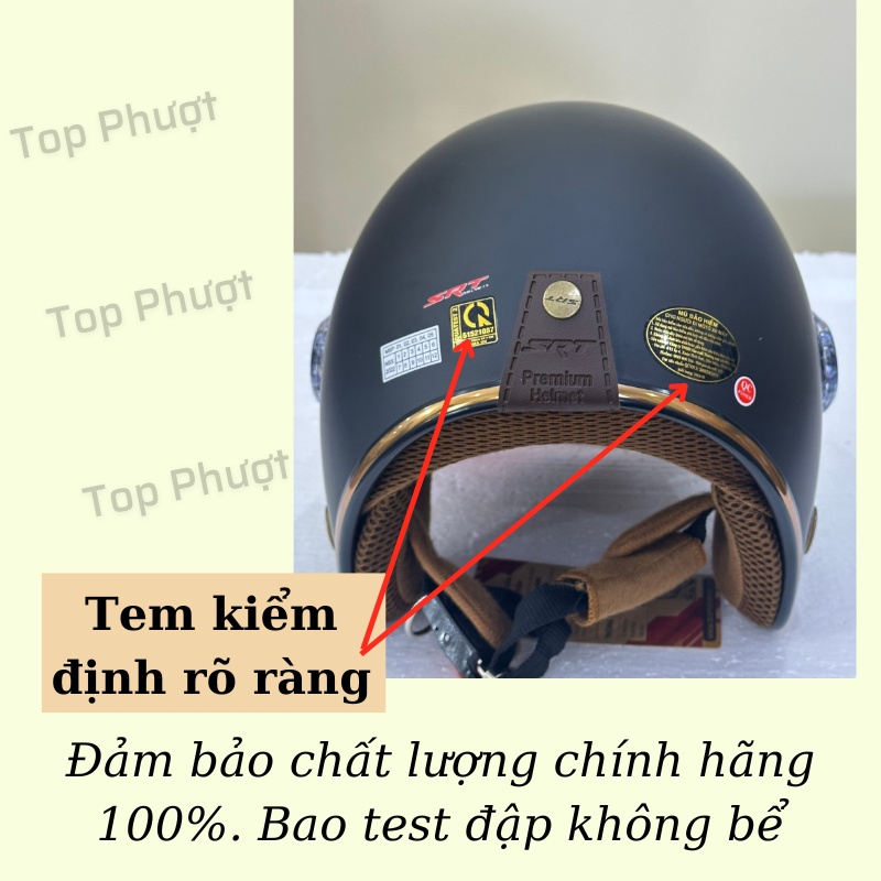 Mũ bảo hiểm 3/4 đầu có kính, lót nâu viền đồng cao cấp SRT A34