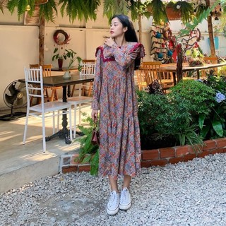 Đầm hoa maxi phối cổ ren vuông