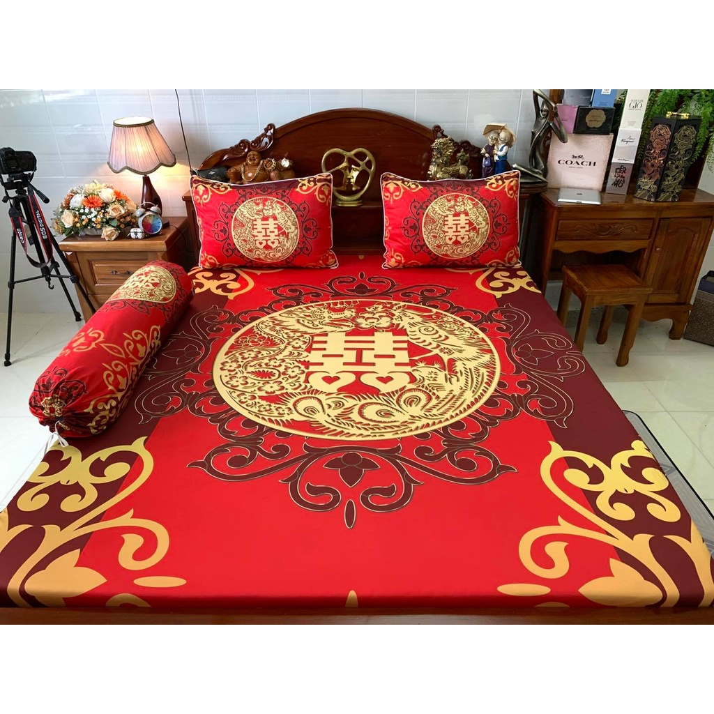 Bô ga cao cấp thun ý lạnh 5D siêu mát mẫu long phụng phòng cưới