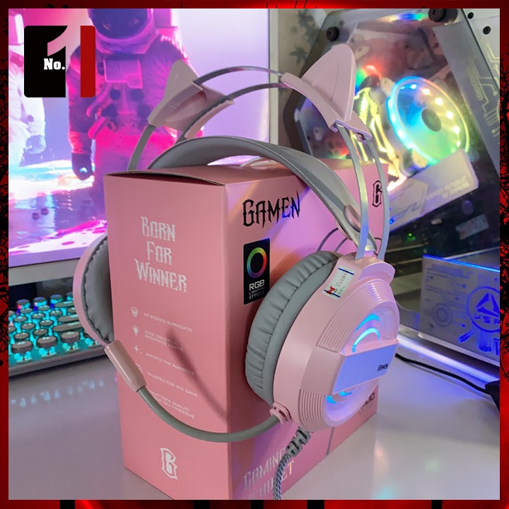 Tai Nghe Mèo Gaming Chụp Tai Màu Hồng Có Mic Gamen GH1100 Led RGB Tai Nghe Headphone Vi Tính Laptop Cực Dễ Thương