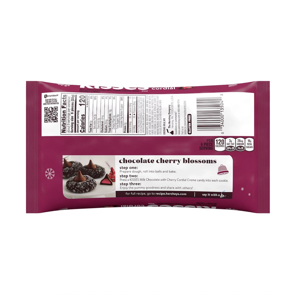 TÚI 255g SOCOLA SỮA - KEM CHERRY Hershey's Kisses Milk Chocolate Filled with Cherry Cordial Creme Candy, Christmas (9 oz