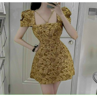 đầm nữ chất liệu gấm tay phồng cổ vuông phối dây kéo cao ngực thời trang kiểu cách đi chơi,dự tiệc .MyMy store