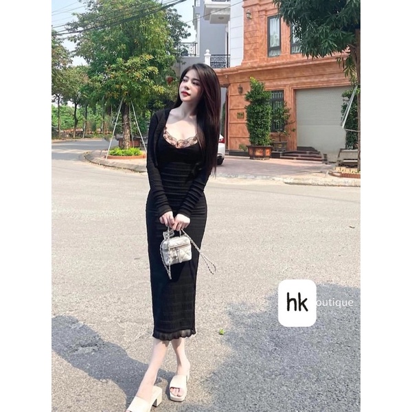 Váy body viền ren ngực kèm áo khoác sang chảnh