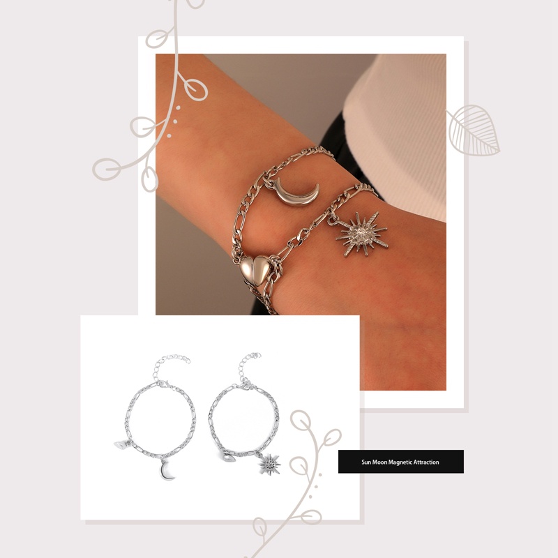 Sf Set 2 Vòng Tay Chuỗi Hạt Nam Châm Mặt Trời / Mặt Trăng / Trái Tim Thời Trang Cho Cặp Đôi