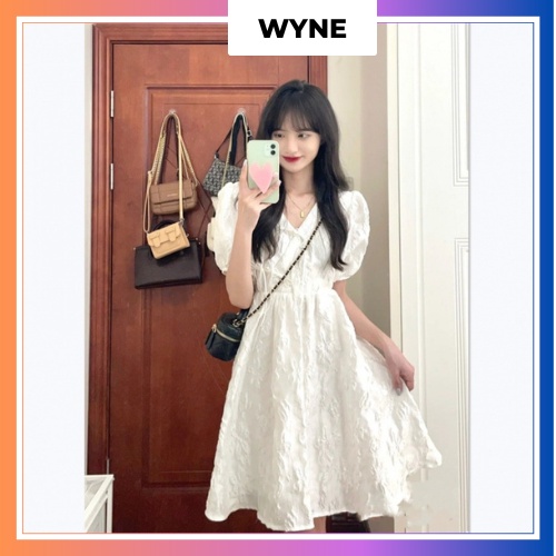 Đầm/ Váy Babydoll Trắng Wyne tay ngắn, Váy Babydoll Đũi Xốp Cổ Chữ V Phong Cách Hàn Quốc