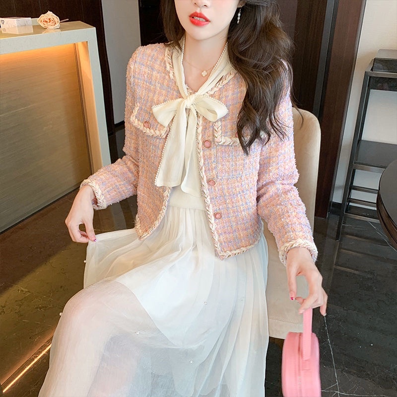 Áo dạ tweed màu hồng dáng ngắn pastel hàng quảng châu cao cấp-D01