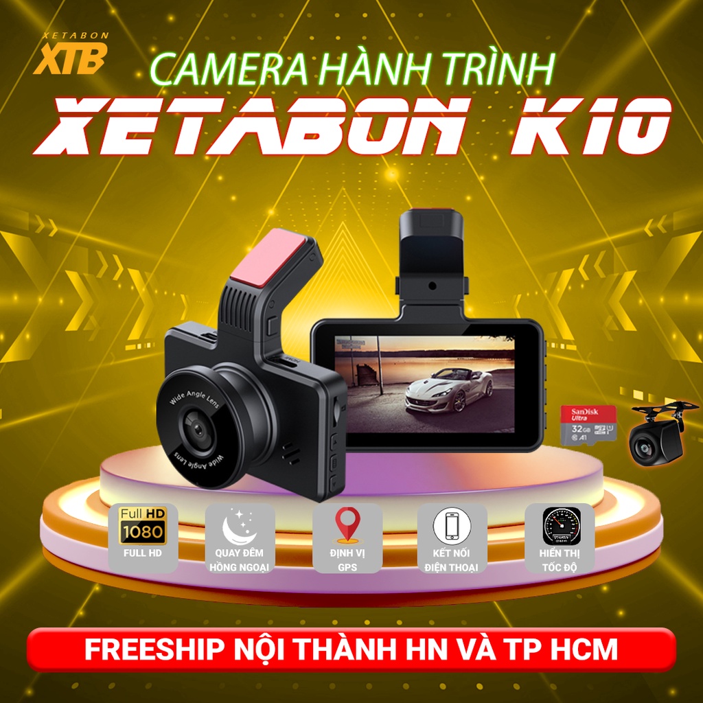 Camera hành trình ô tô K10 full HD 1080p kết nối điện thoại, định vị GPS, ghi hình trước sau sắc nét bảo hành 12 tháng