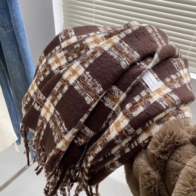 LOẠI 1 QC : KHĂN LEN ĐÔI KẺ CARO VINTAGE NAM NỮ COUPLE NÂU ĐEN BASIC