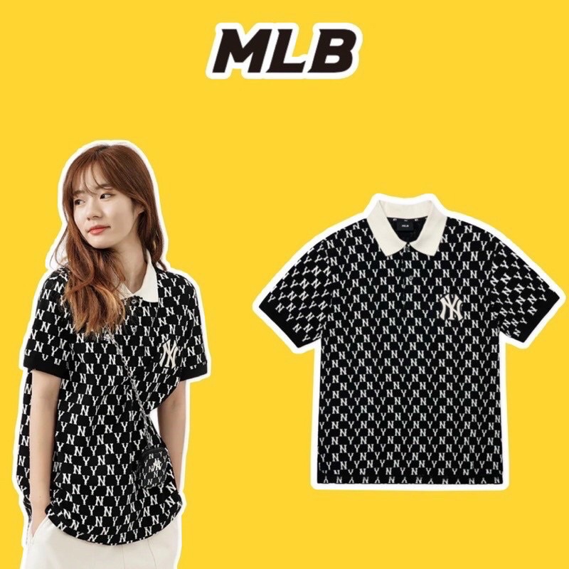 Áo Polo MLB Monogram Trắng Logo Xanh Navy Siêu Xịn