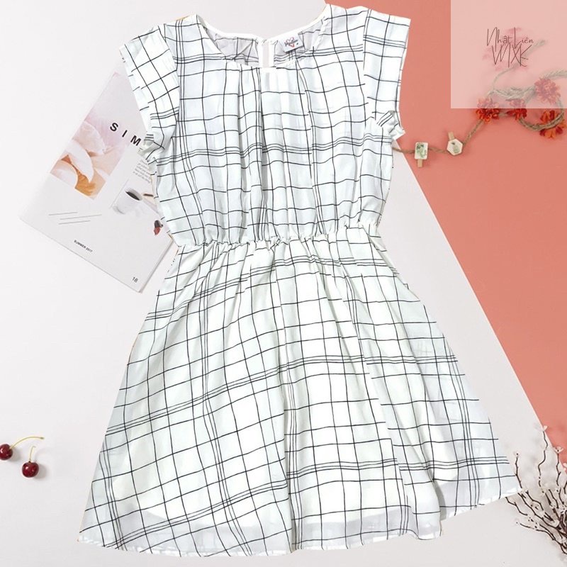Đầm Xoè Voan Chiffon Tay Ngắn Eo Chun Xếp Ly Ngực Lớp Lót SWEET RAIN Hàng Xuất Dư Xịn Cao Cấp Chất Mịn Caro Trắng