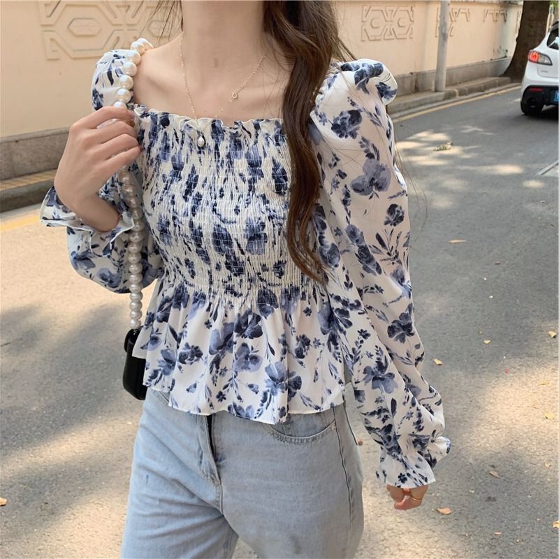 Áo sơ mi hoa ZHELIHANGFEI tay dài ôm eo gợi cảm xinh xắn