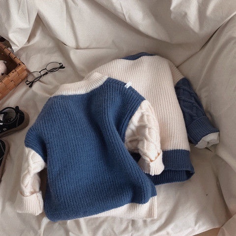 Áo Sweater Cổ Tròn Lót Lông Cừu Dày Màu Sắc Tương Phản Phong Cách Hàn Quốc Thời Trang Cho Bé Trai Và Gái