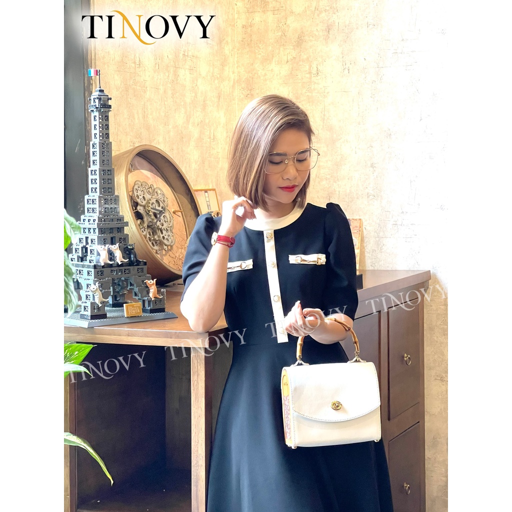 Đầm Xòe Đen Phối Trắng, Tay Lỡ TINOVY D221104