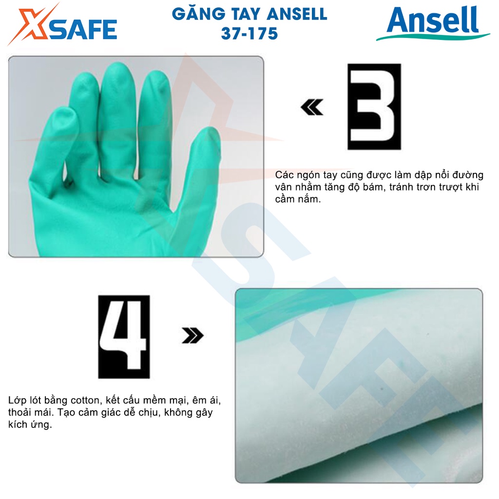 Găng tay chống hóa chất Ansell 37-175 chống dầu nhớt, lớp lót cotton thấm hút mồ hôi - tái sử dụng nhiều lần