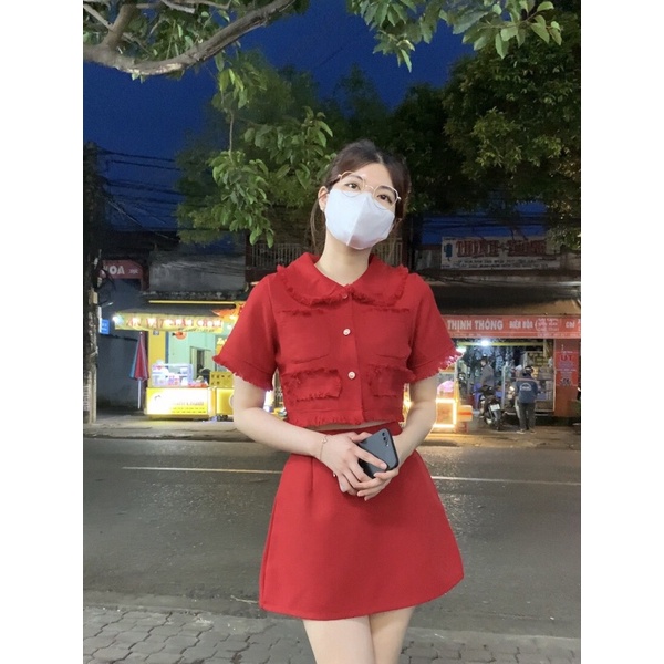 SET CROP BỐ DẠ TƯA LAI + CHÂN VÁY ĐỎ