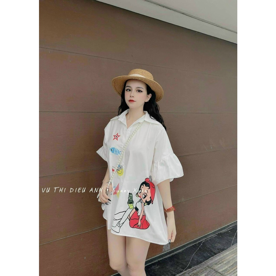 (Sale FreeShip) Aó sơ mi nữ from rộng,áo tay bèo in hình xinh xắn,tone màu trắng trẻ trung phối chân váy hay quần đều xi
