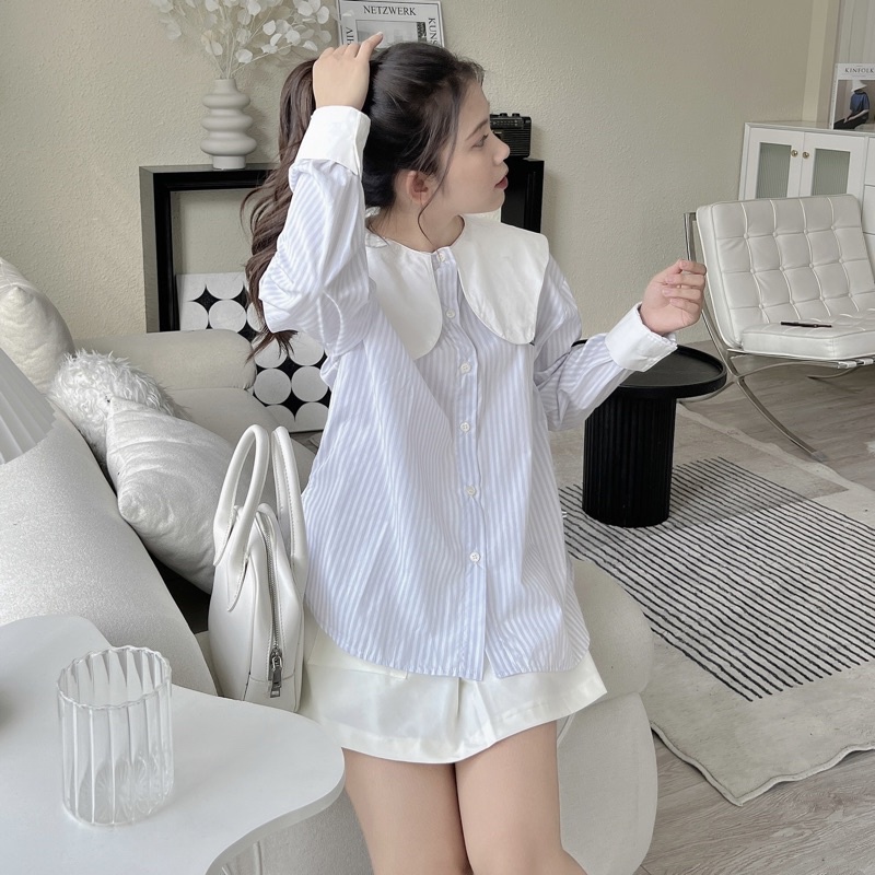 Áo Sơ Mi Sọc Xanh Tay Dài Cổ Cách Điệu - Thêu chữ Monstier