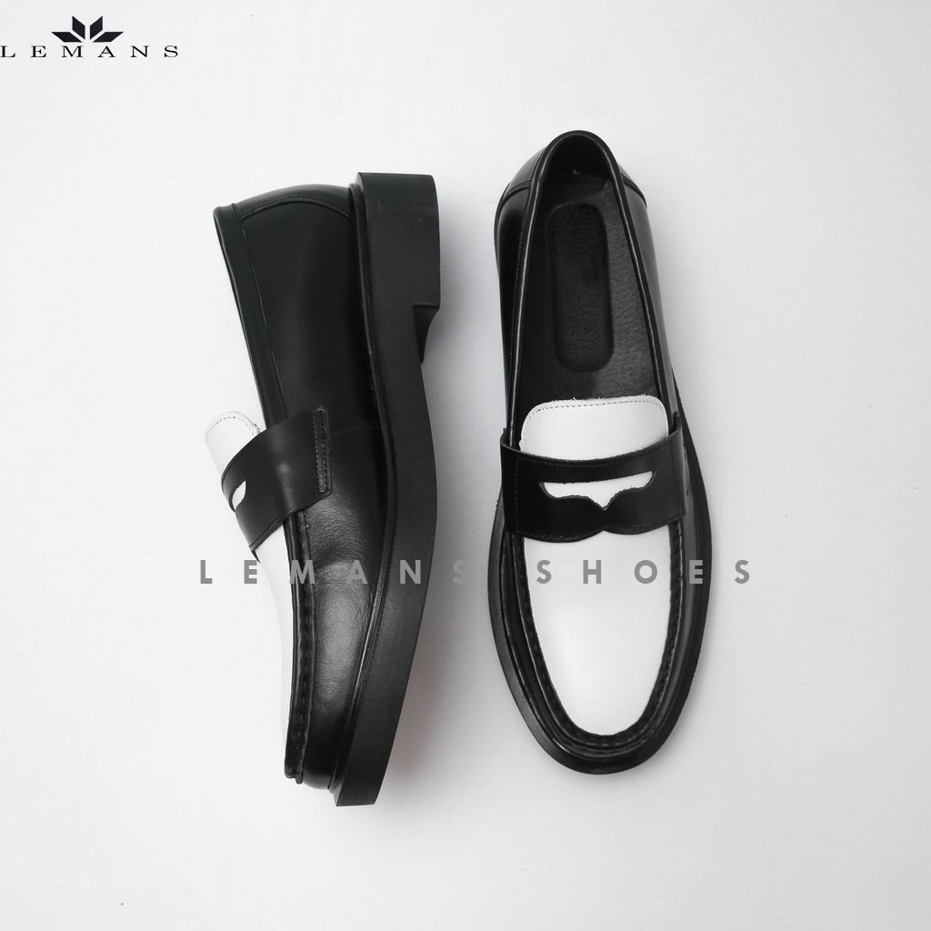Giày Penny Loafer da bò Trắng đen LEMANS, đế tăng chiều cao 4cm cho nam, giầy da, bảo hành 12-24 tháng