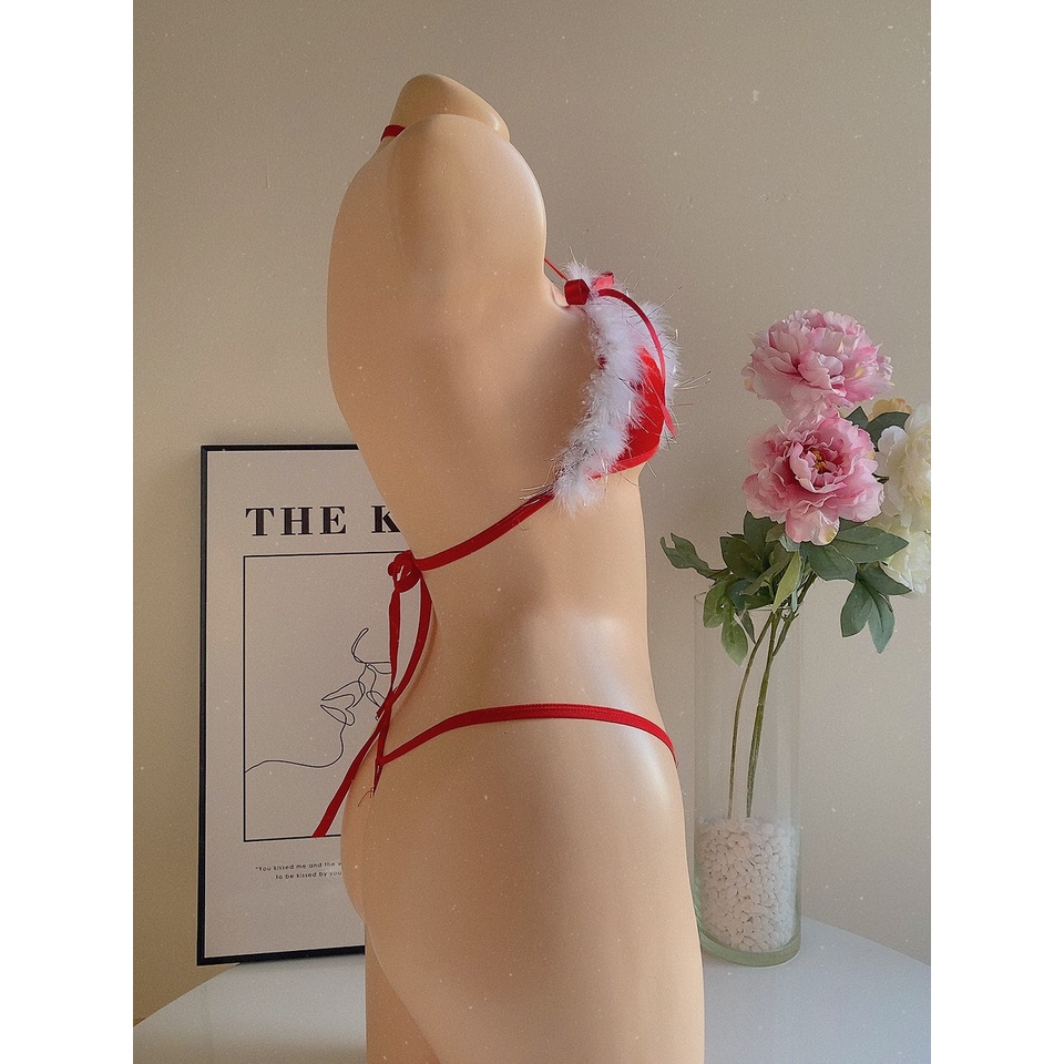 BK091 - Bộ đồ lót lọt khe Nhung phối Lông trắng quyến rũ  - bộ lđồ lót Noel xinh - Kelly Wang