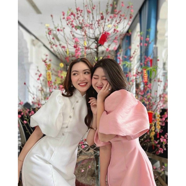 Đầm thời trang nữ mặc đi chơi chất cotton lạnh cổ tàu kết nút tay phồng to 2 màu trắng và hồng