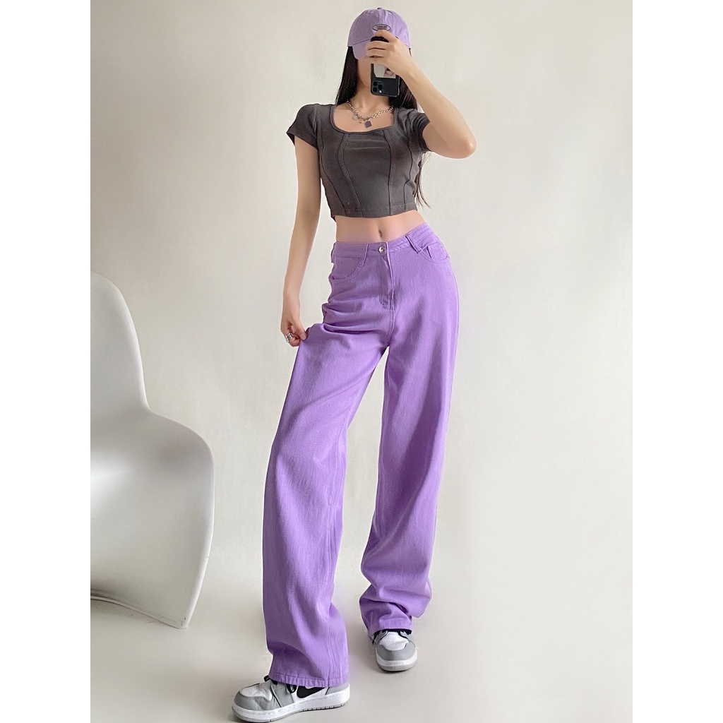 Quần Jean Nữ Lưng Cao, Quần Jean Trơn Màu Phong Cách Hàn Quốc, Quần Denim Ống Rộng 10 Màu