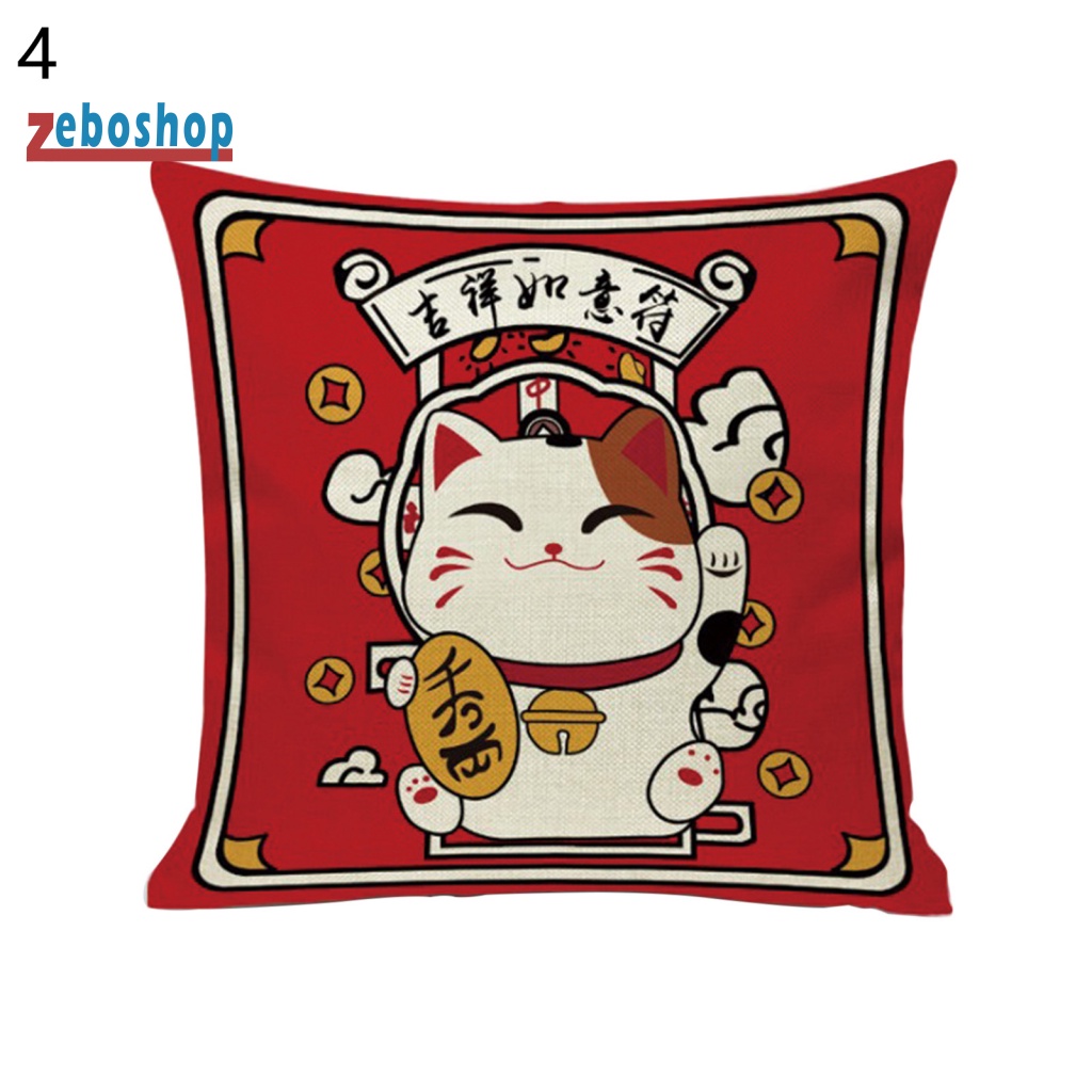 Vỏ Gối Polyester 18 Inch Hình Mèo May Mắn Bắt Mắt Trang Trí Nhà Cửa