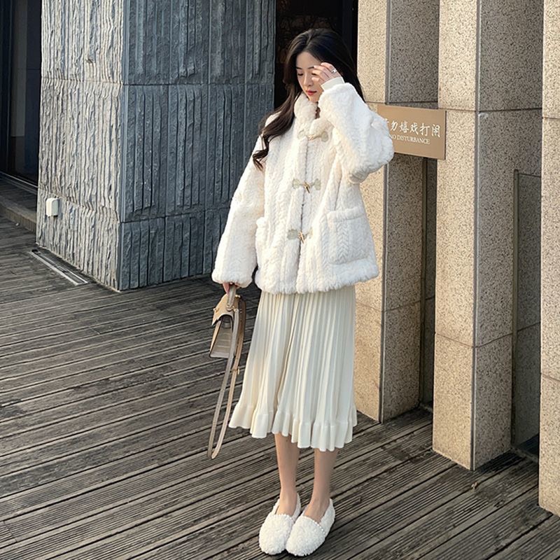 Áo khoác lông thỏ cài KHUY LỤC GIÁC nữ tính siêu đẹp