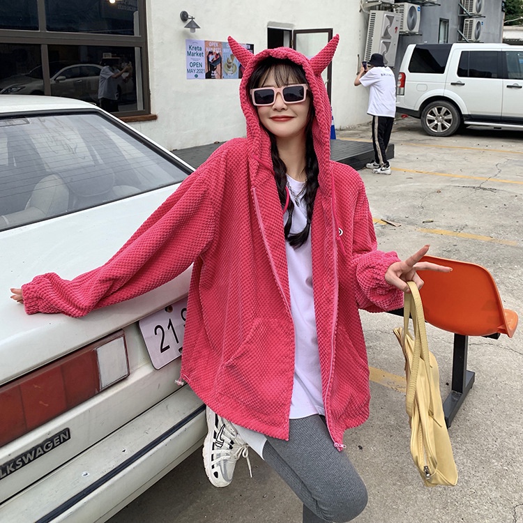 IELGY IELGY Áo Hoodie Dáng Rộng Có Khóa Kéo Hình Bánh waffle Cho Nữ