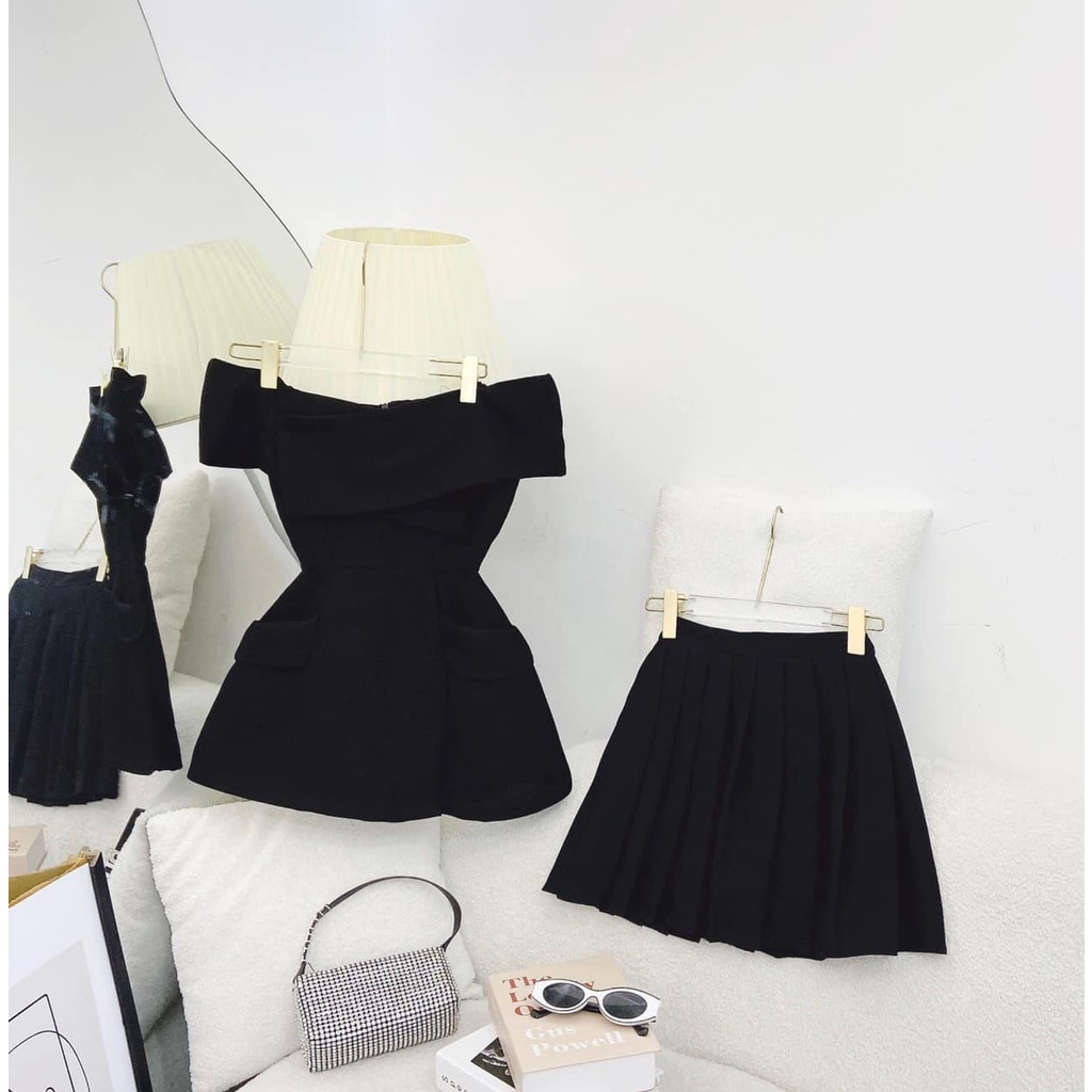 Set áo đen trễ vai đắp chéo ngực kèm chân váy dập ly Rossy Fashion - SR180