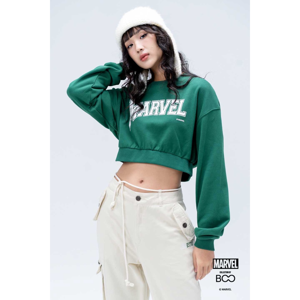 Áo Nỉ Không Mũ Nữ BOO Dáng Croptop Logo Marvel BZL