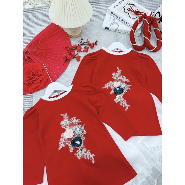 Áo dài nhung hoa đá xinh cho bé gái