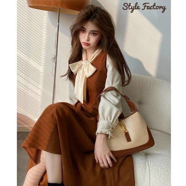 Váy đầm nữ dáng xòe tay dài quý phái phối tơ gân cực xinh họa tiết cột nơ thanh lịch dự tiệc