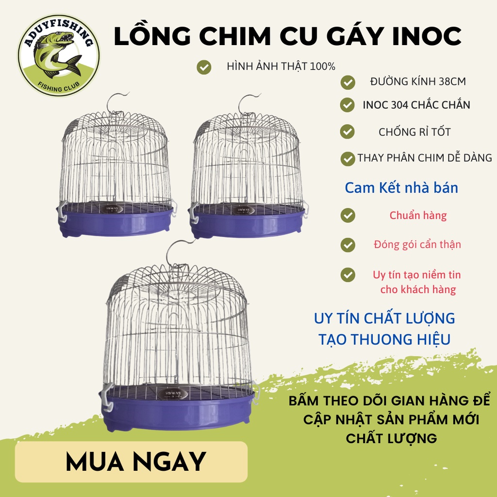 Lồng cu gáy Inox - Lồng nuôi chim cu gáy hình tròn 38cm, [tặng 1 cặp cóng nhựa+ áo lồng]