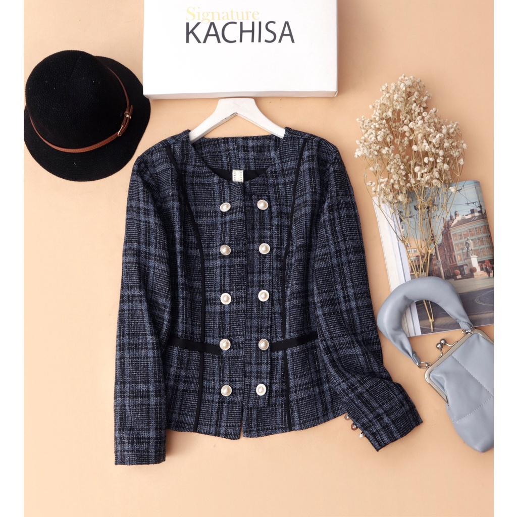 Áo khoác bố tweed KACHISA 773SQE phối nút caro xanh đen sang trọng