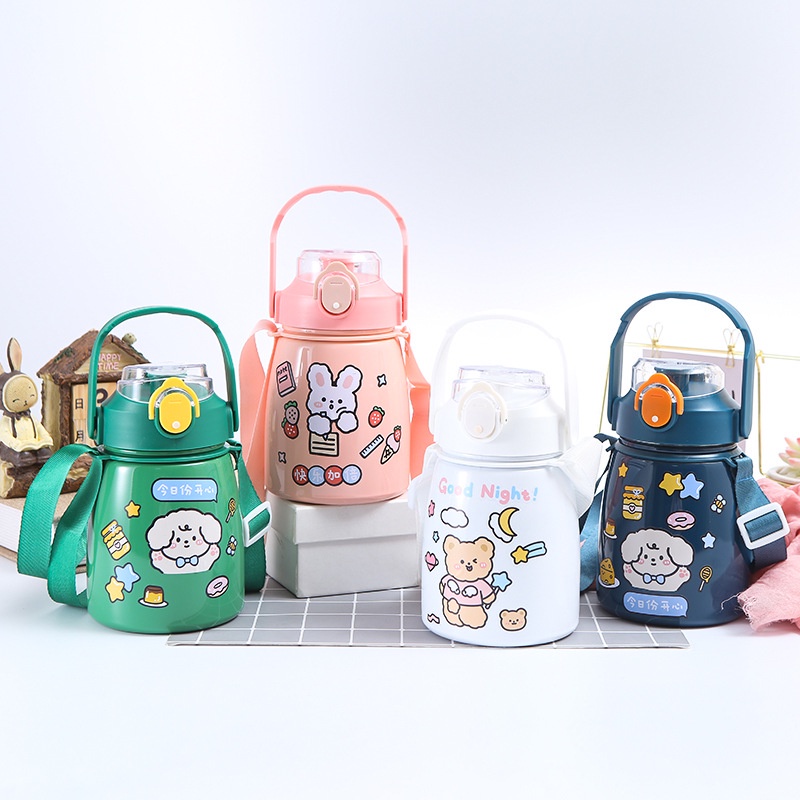 Bình nước giữ nhiệt 800ml có dây đeo tặng kèm sticker chất liệu inox 304 không rỉ an toàn