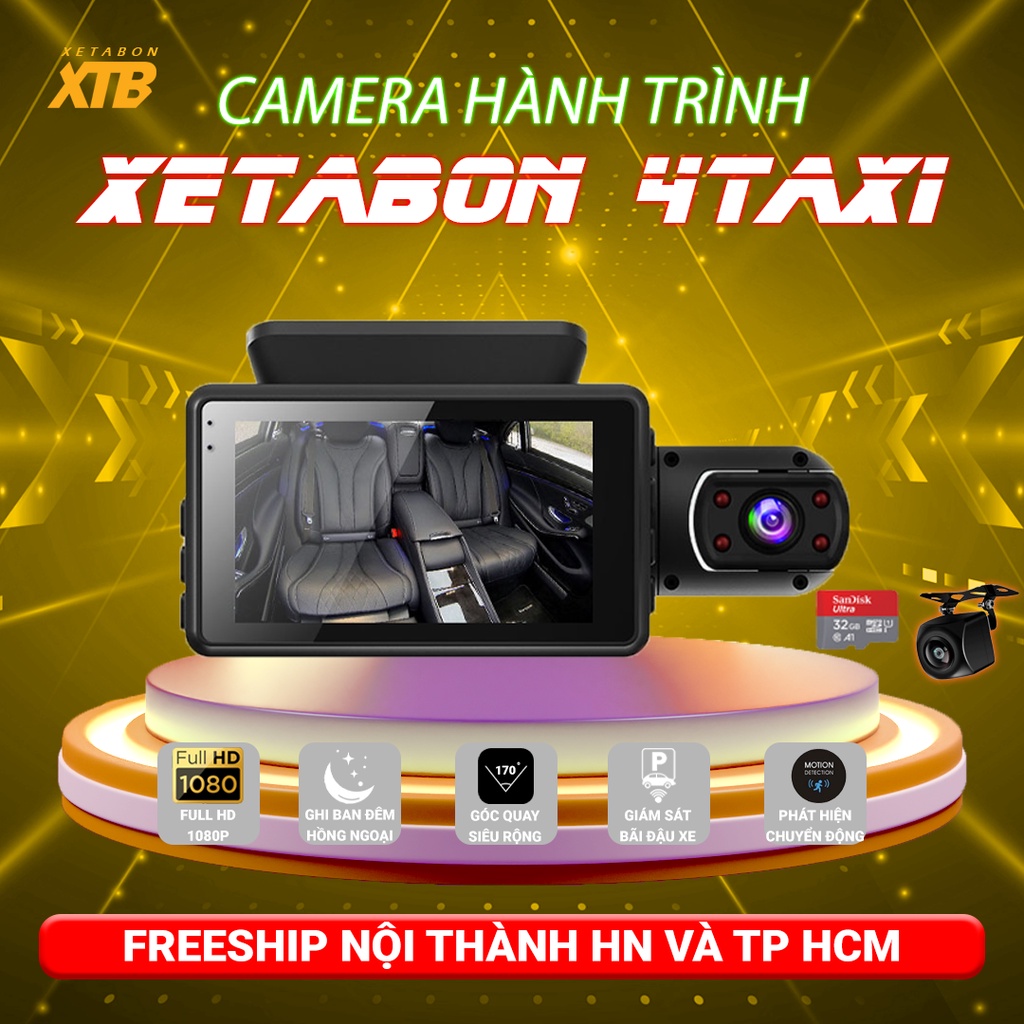 Camera hành trình ô tô 4taxi ống kính 360 độ ghi hình DVR 1080P hồng ngoại ban đêm siêu nét bảo hành 12 tháng