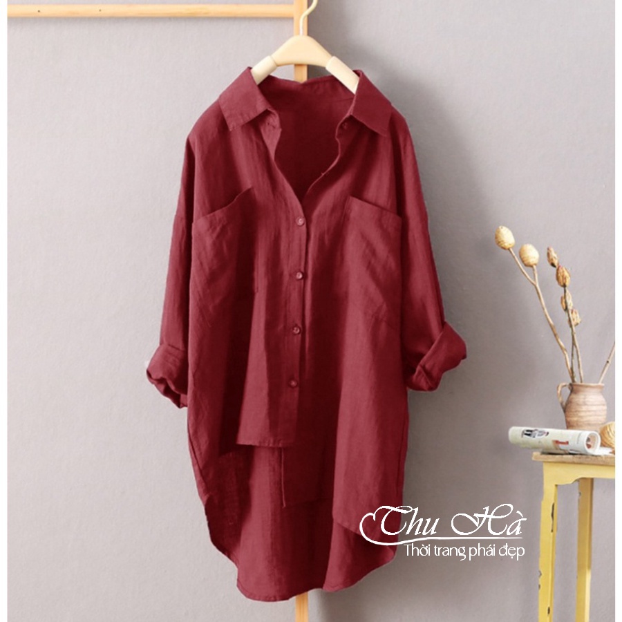 Áo sơ mi đũi nữ bigsize từ 40 đến 95kg Thu Hà form dài rộng kiểu tà lệch trẻ trung sang chảnh SMH.31