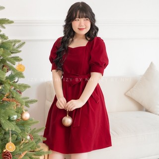 VÁY ĐẦM NHUNG BIGSIZE TAY BỒNG ĐI TIỆC DÂY NƠ - ROSA DRESS - IZYBYNHI