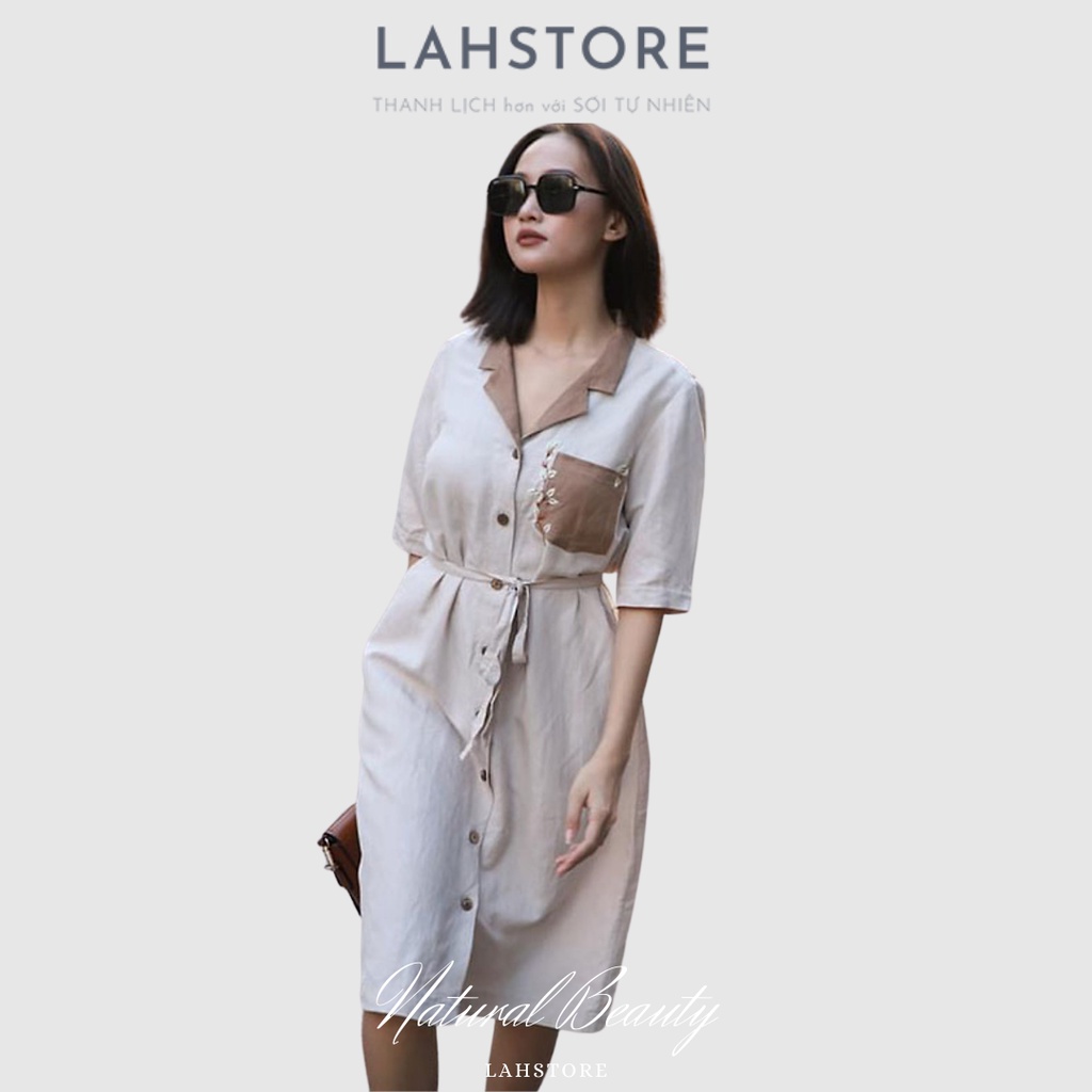 Đầm suông cổ sơ mi tay lỡ LAHSTORE vải linen tưng premium túi ngực thêu hoa thiết kế trẻ trung sang trọng (Trắng)