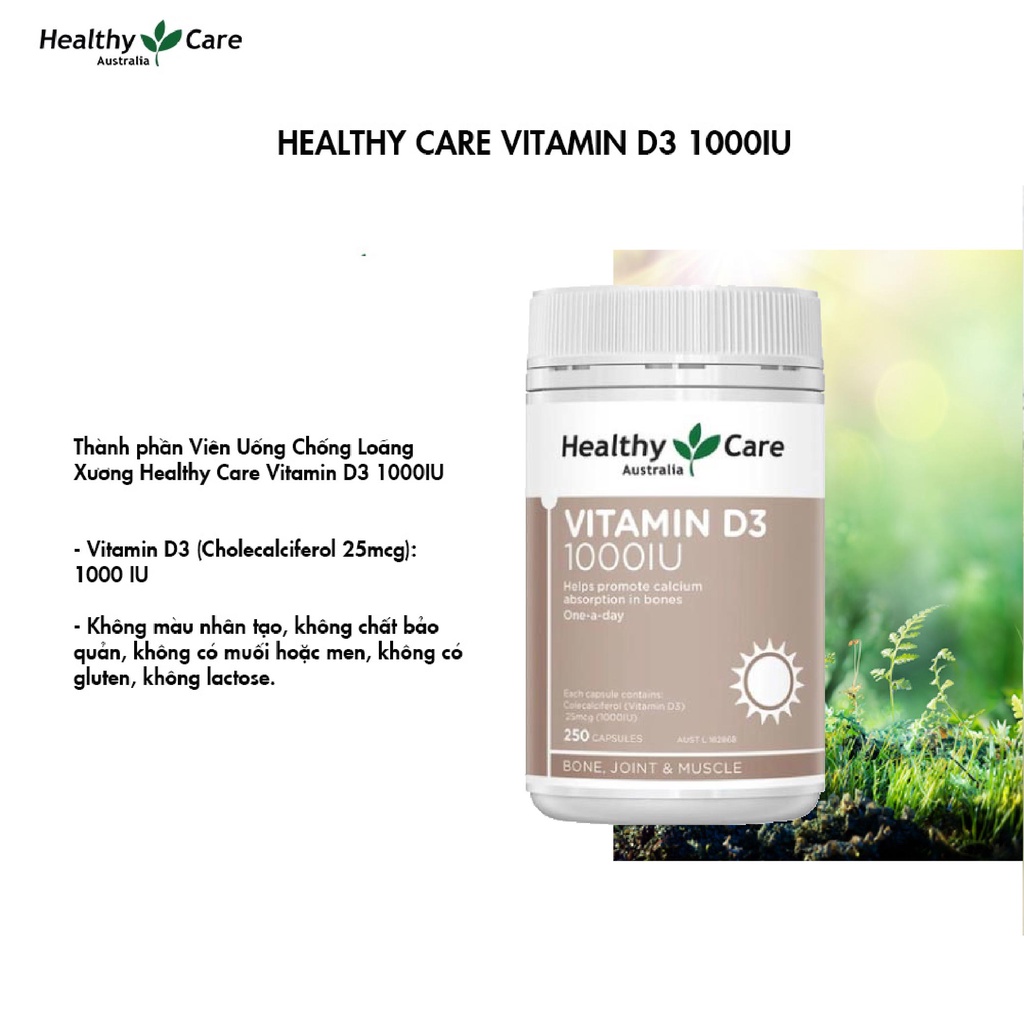 Viên uống chống loãng xương Healthy Care Vitamin D3 1000IU 250 viên Úc