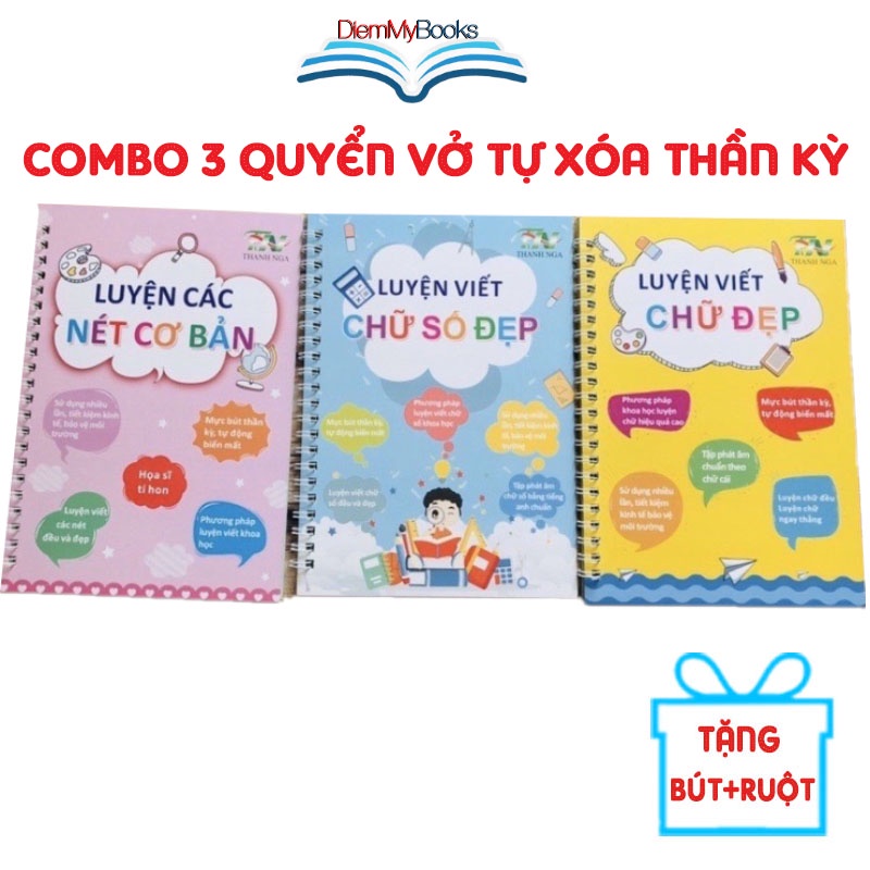 Sách- Bộ 3 Quyển Vở Viết Thần Kỳ Luyện Viết Tập Tô Chữ Tự Xóa Cho bé Mầm Non Tặng 8 ruột +2 vỏ bút + 2 định vị cầm bút