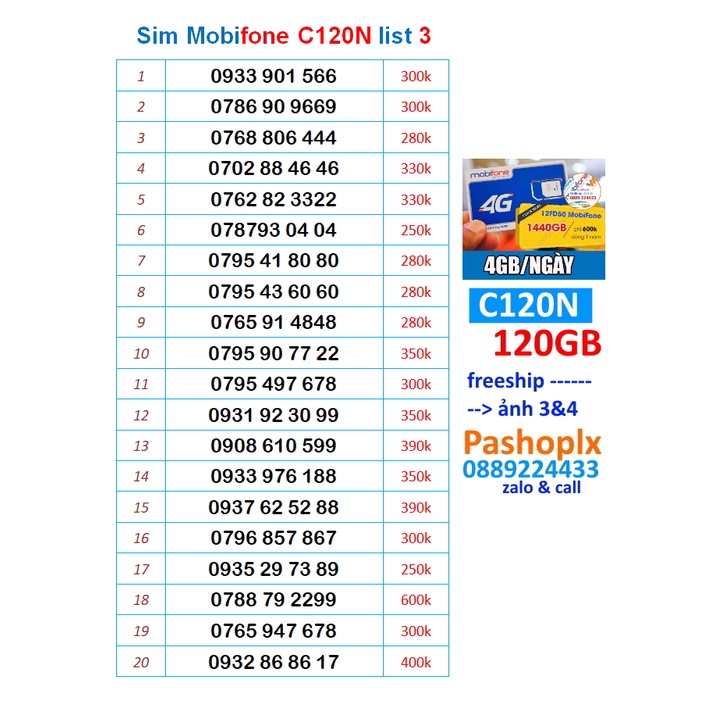 Sim mobifone c120n số đẹp list 3
