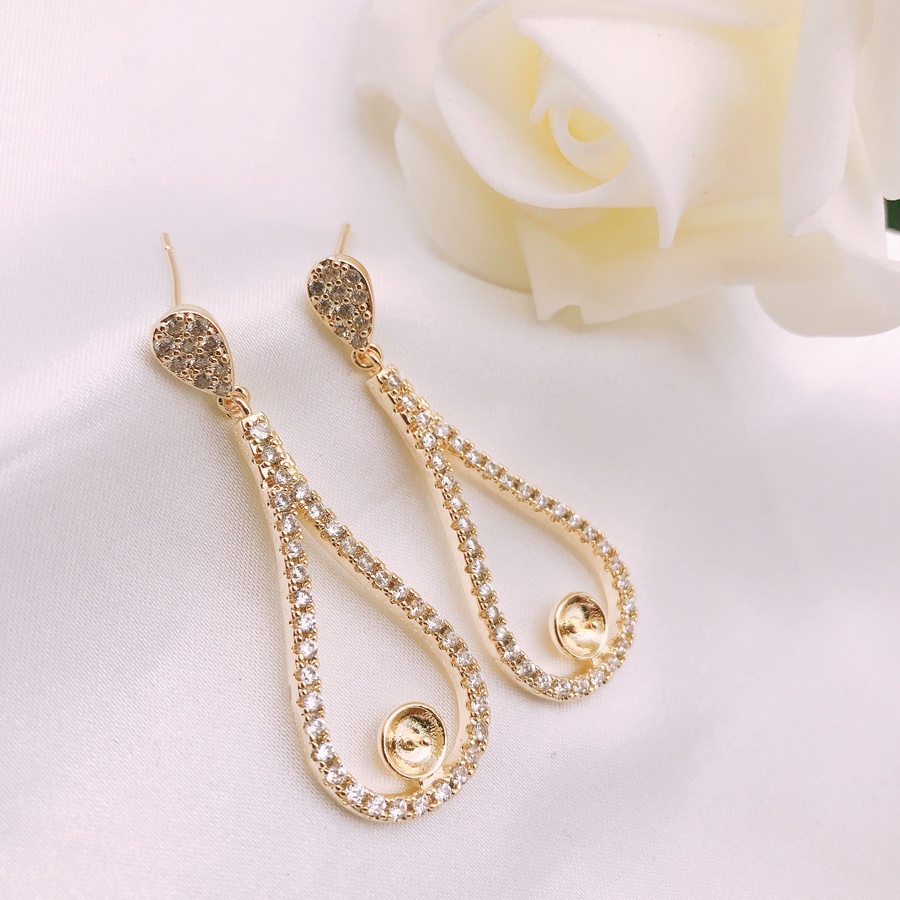 [2301] Phụ kiện trang sức (DIY) - Cặp (2) bông tai bạc trống hạt kiểu thả nạm viền đá Zirconia mẫu tự làm