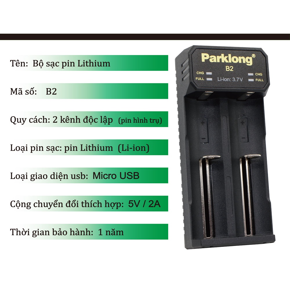 Bộ sạc Parklong B2,pin sạc 18650 pin 3.7V 2200mAh,2600mAh,3000mAh,3400mAh,sạcA1,A2,A4, Pin chính hãng