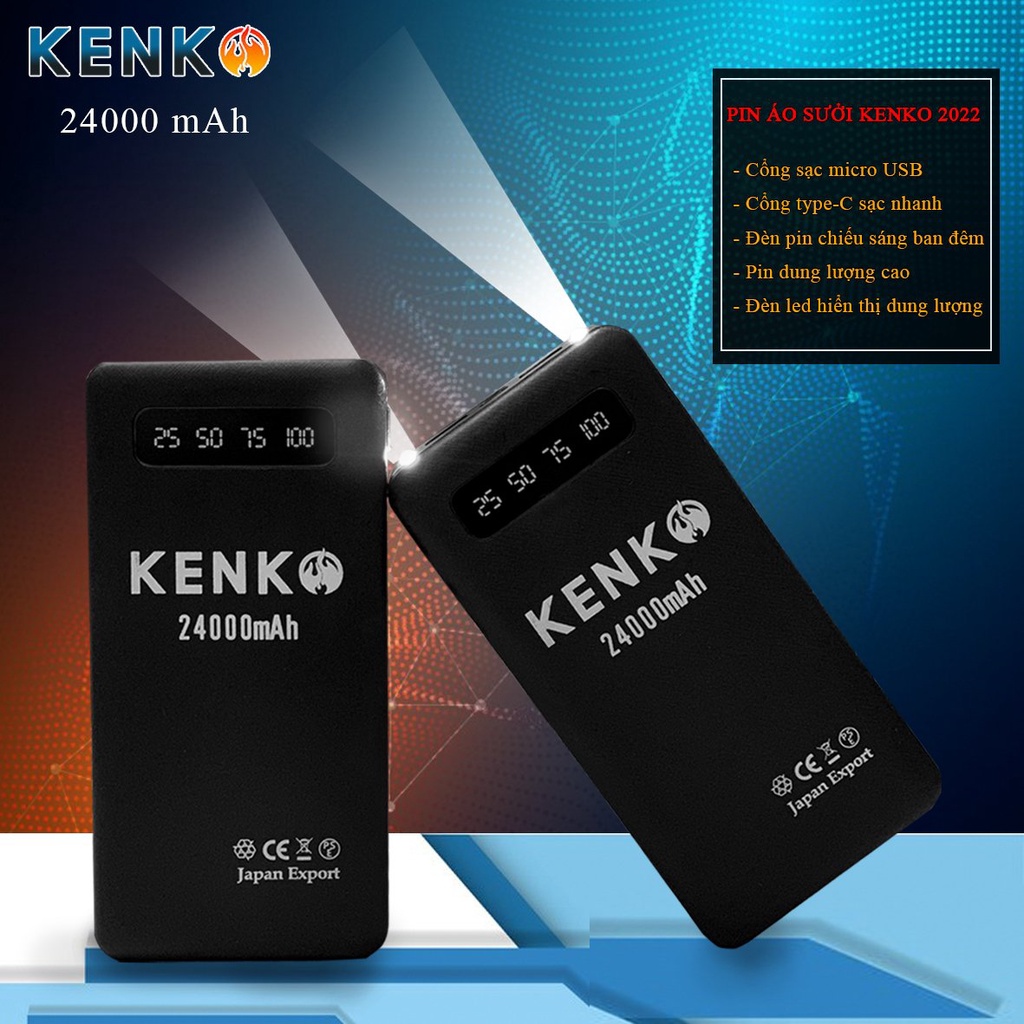 Pin áo sưởi Kenko dung lượng 24000mah có đèn pin chiếu sáng bảo hành 12 tháng