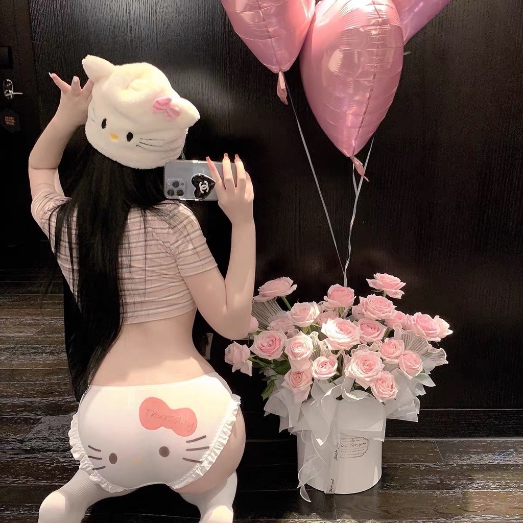 Quần Lót Lụa Lưng Thấp In Họa Tiết Hoạt Hình kitty Phong Cách Nhật Bản Cho Nữ