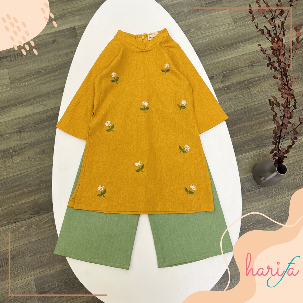 BADT010 Áo dài bé gái - chất liệu linen thêu tay - hoa tiết hoa lác đác - 1-6 tuổi