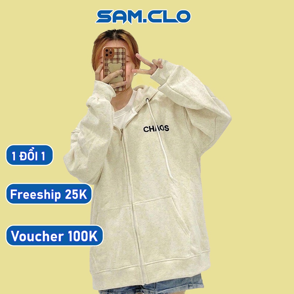 ÁO KHOÁC NỈ SAM CLO nữ freesize hoodie có khóa kéo tay dài thu đông dáng unisex THÊU chữ CHAOS