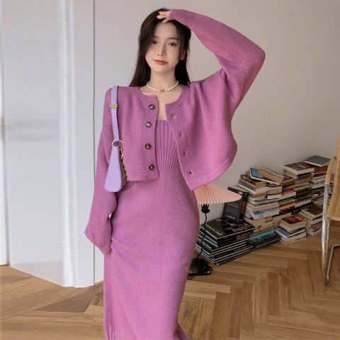 Set váy len body tôn dáng váy 2 dây kèm áo khoác cardigan dáng dài ôm sang chảnh phong cách Hàn Quốc màu đỏ S-10.3